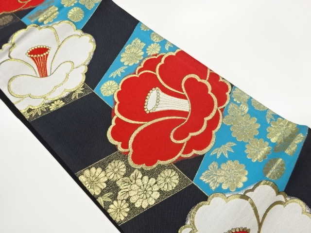 JAPANESE KIMONO / FUKURO OBI / SILK / WOVEN PEONY & KIKU & BAMBOO GRASS